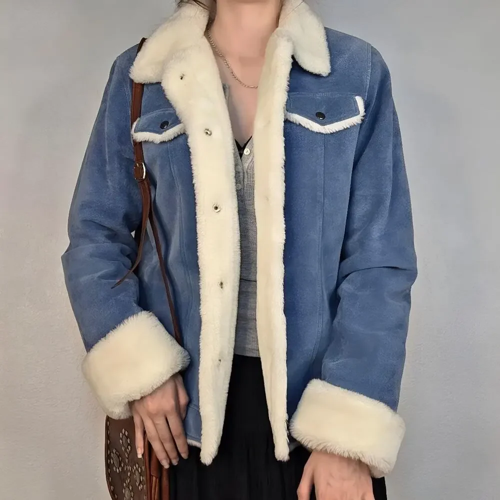 Vintage Blue Suede Penny Lane Jacket Faux Shearling Size Small 90s